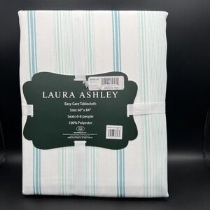 NEW Laura Ashley Easy Care Tablecloth WHITE Teal 60 X 84" Striped Duck Egg